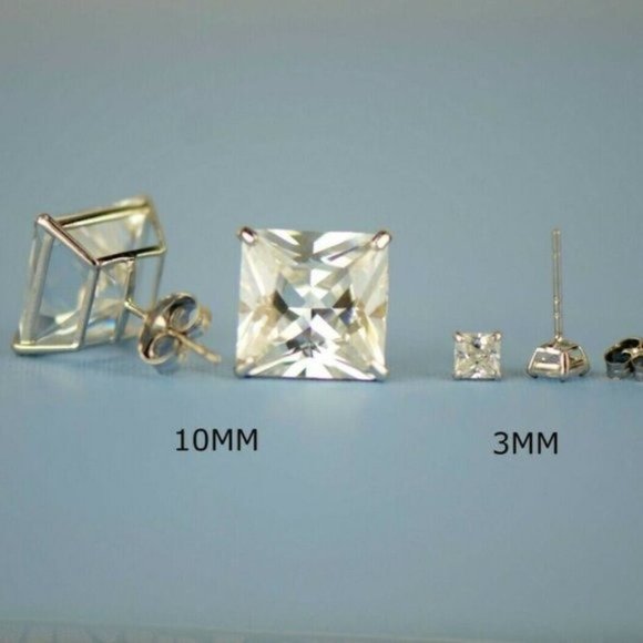 Solid 14k White Gold Princess Cut Clear Basket Push Back Stud Earrings Sz10x10mm - Picture 9 of 10